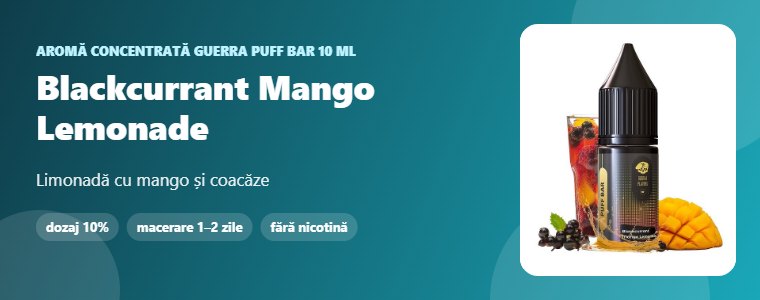 Aromă Guerra Puff Bar Blackcurrant Mango Lemonade 10 ml Aromă concentrată Guerra Puff Bar Blackcurrant Mango Lemonade 10 ml