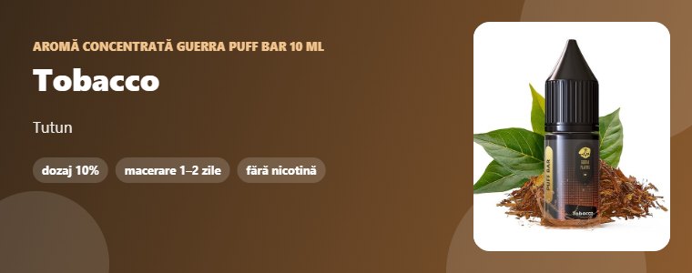 Aromă Guerra Puff Bar Tobacco 10 ml Aromă concentrată Guerra Puff Bar Tobacco 10 ml