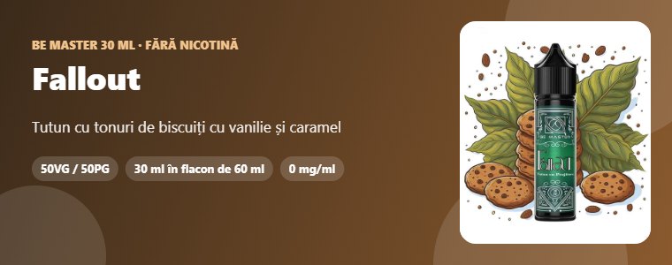 Lichid Be Master Fallout 30ml Lichid Be Master Fallout 30ml – tutun cu tonuri de biscuiți cu vanilie și caramel