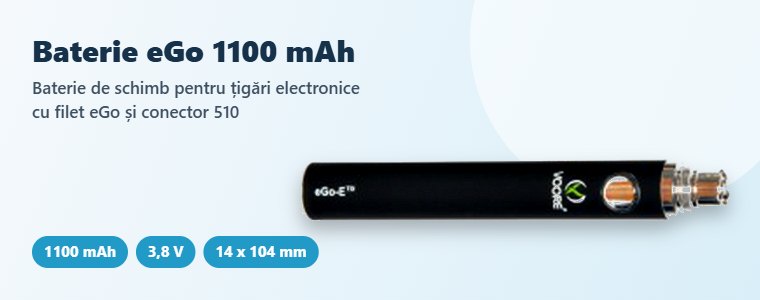 Baterie eGo 1100 mAh Baterie eGo 1100 mAh neagră, cu filet eGo și conector 510