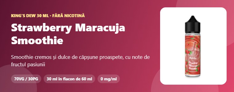 Lichid King's Dew Strawberry Maracuja Smoothie 30ml – smoothie cremos și dulce de căpșune proaspete, cu note de fructul pasiunii