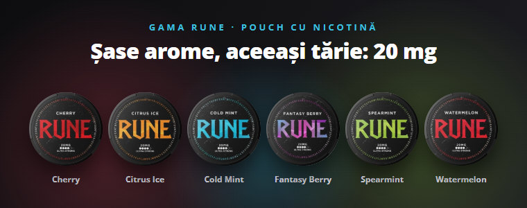 Gama de pouch-uri cu nicotină Rune: Cherry, Citrus Ice, Cold Mint, Fantasy Berry, Spearmint, Watermelon Gama de pouch-uri cu nicotină Rune: Cherry, Citrus Ice, Cold Mint, Fantasy Berry, Spearmint, Watermelon