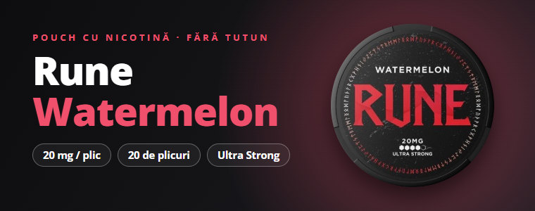 Pouch cu nicotină Rune Watermelon – cutie cu 20 de plicuri, 20 mg Pouch cu nicotină Rune Watermelon – cutie cu 20 de plicuri, 20 mg