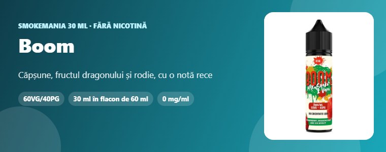 Lichid Smokemania Boom 30 ml Lichid Smokemania Boom 30 ml – căpșune, fructul dragonului, rodie, ice