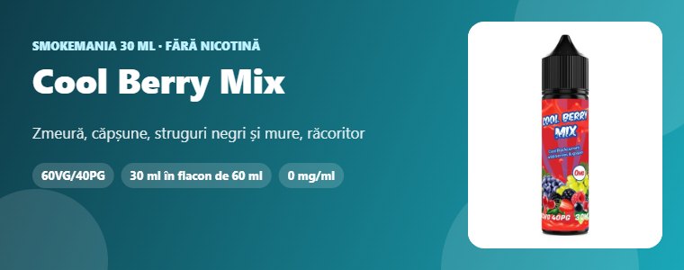 Lichid Smokemania Cool Berry Mix 30 ml Lichid Smokemania Cool Berry Mix 30 ml – zmeură, căpșune, struguri negri, mure, ice