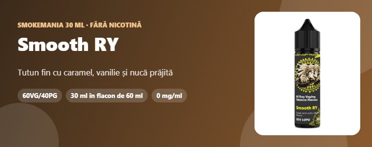 Lichid Smokemania Smooth RY 30 ml Lichid Smokemania Smooth RY 30 ml – tutun, caramel, vanilie, nucă
