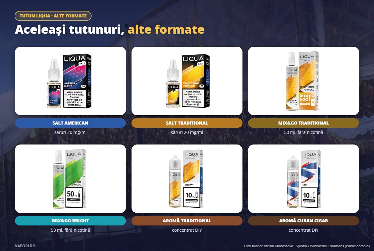 Tutunurile Liqua în variantele Salt, Mix&Go 50 ml și aromă concentrată Tutunurile Liqua în variantele Salt, Mix&Go 50 ml și aromă concentrată