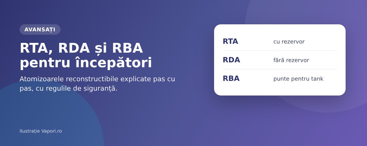 Atomizoare reconstructibile (RTA, RDA, RBA) pentru începători Atomizoare reconstructibile RTA, RDA și RBA pentru începători: ce sunt, ce îți trebuie și cum montezi prima rezistență