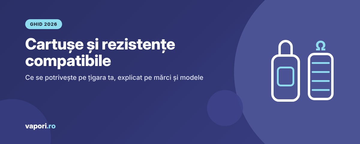 Cartușe și rezistențe compatibile Cartușe pod și rezistențe de schimb pentru țigări electronice, așezate pe o masă