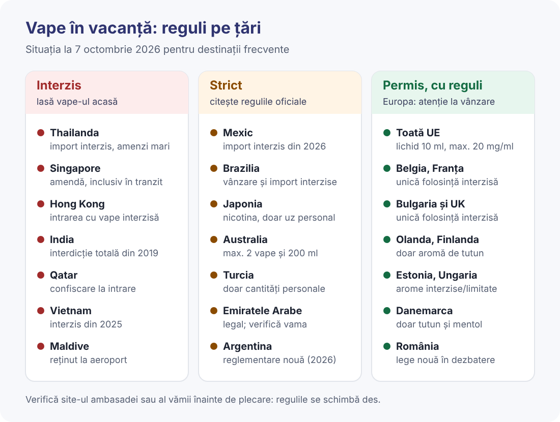 Reguli pentru vape pe țări, octombrie 2026 Infografic cu țările unde țigara electronică este interzisă, strict reglementată sau permisă cu reguli în 2026