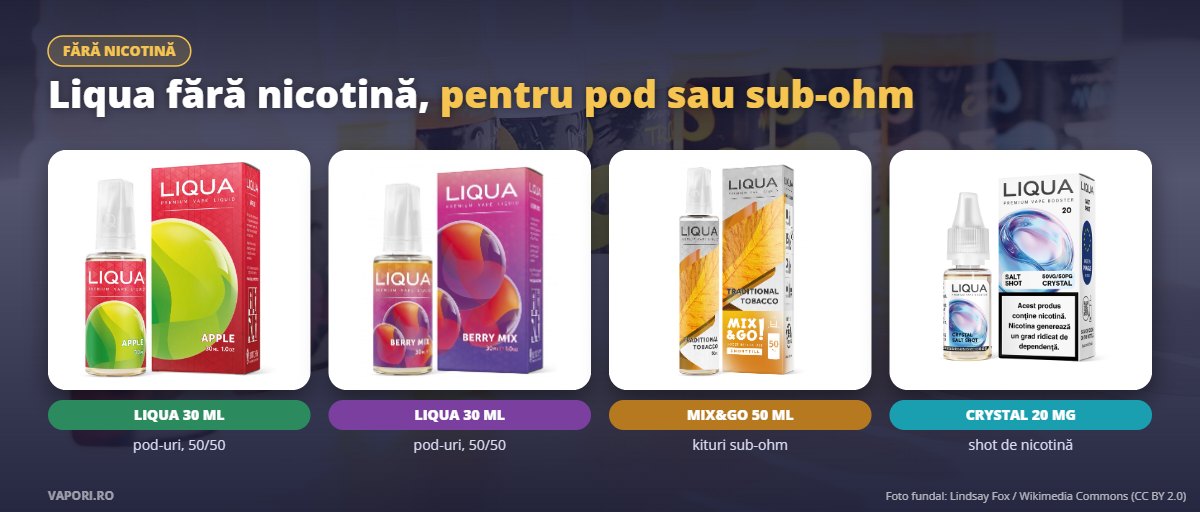 Lichide Liqua fără nicotină: 30 ml, Mix&Go 50 ml și shot Crystal Lichide Liqua fără nicotină: 30 ml, Mix&Go 50 ml și shot Crystal
