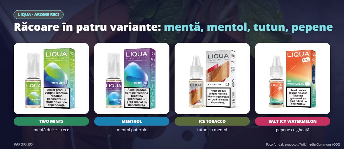 Aromele reci Liqua: Two Mints, Menthol, Ice Tobacco și Salt Icy Watermelon Aromele reci Liqua: Two Mints, Menthol, Ice Tobacco și Salt Icy Watermelon