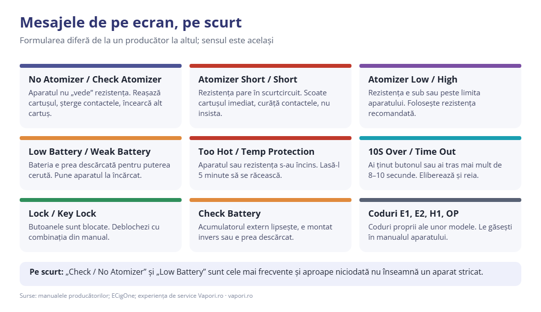 Mesajele de eroare de pe ecranul țigării electronice, pe scurt Mesajele de eroare de pe ecranul țigării electronice, pe scurt