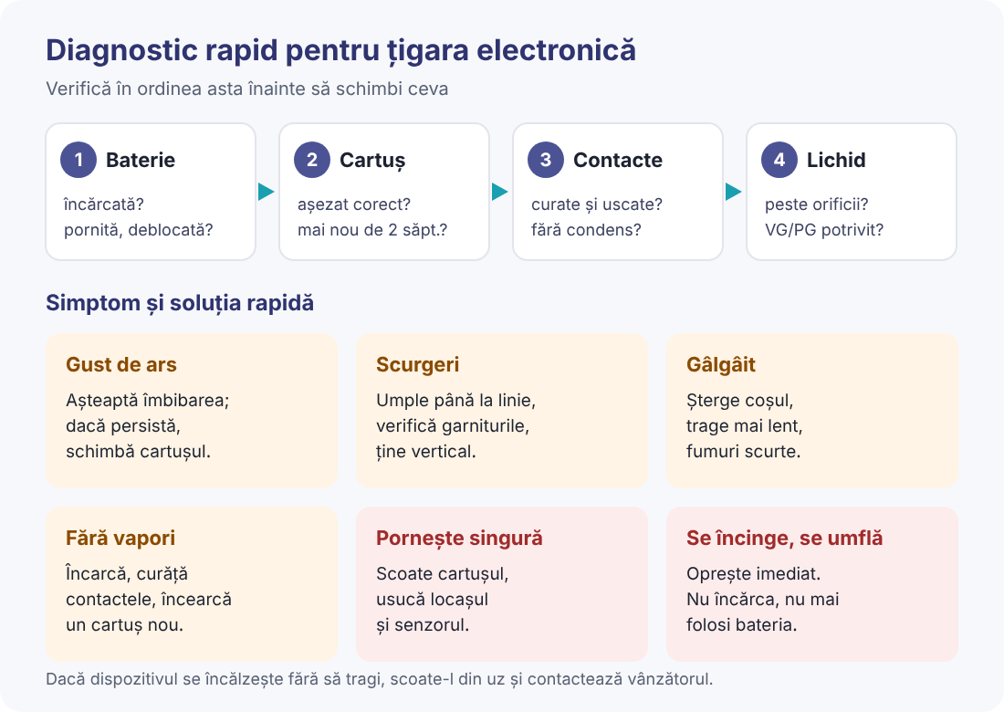 Diagnostic rapid pentru țigara electronică Schemă de diagnostic pentru țigara electronică: de la simptom la cauză și soluție