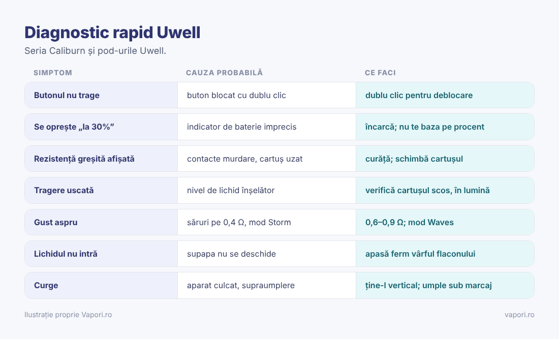 Tabel de diagnostic pentru Uwell Caliburn Tabel de diagnostic pentru Uwell Caliburn